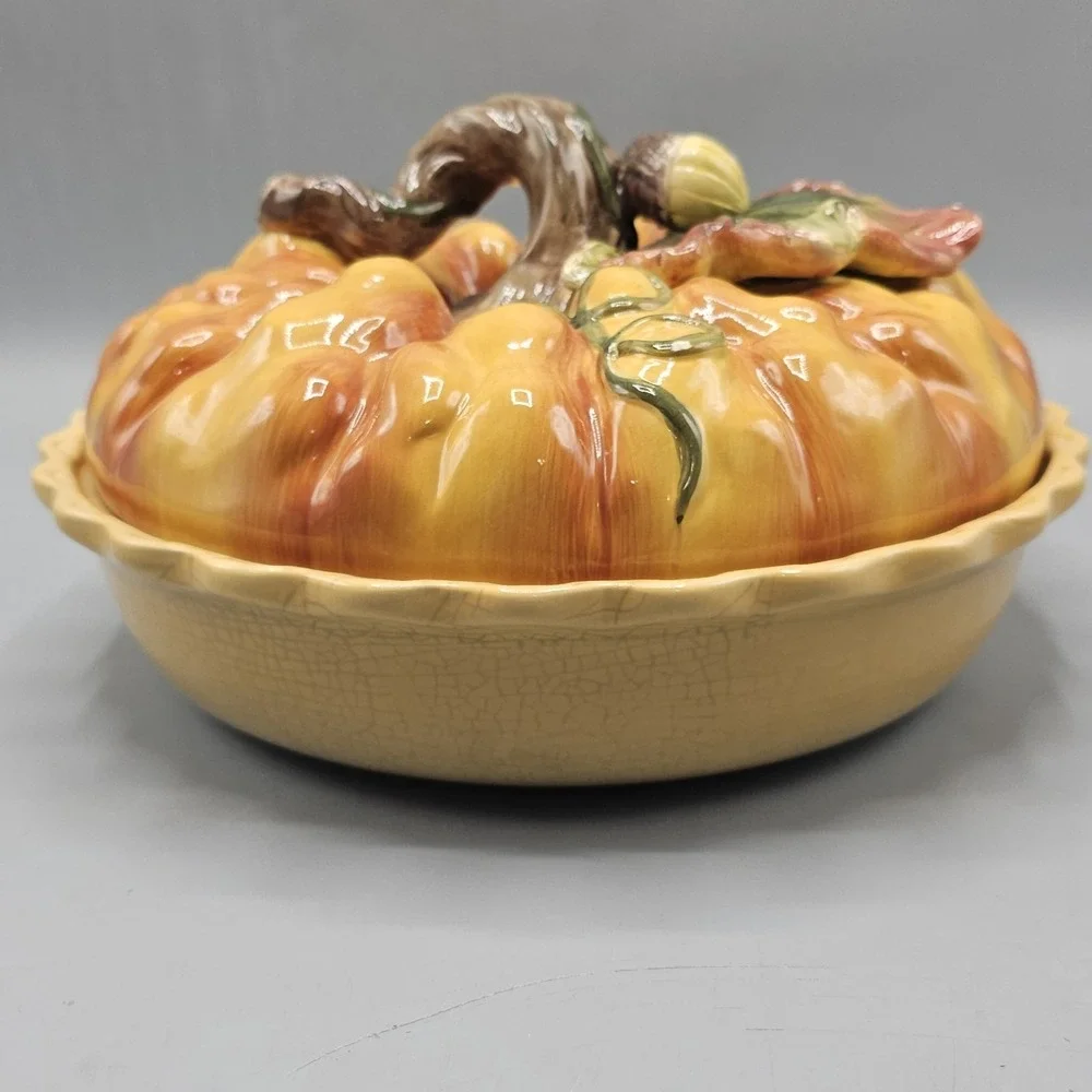 Vintage Cracker Barrel Ceramic Pumpkin Patch Lid Pumpkin Pie Plate Fall Harvest